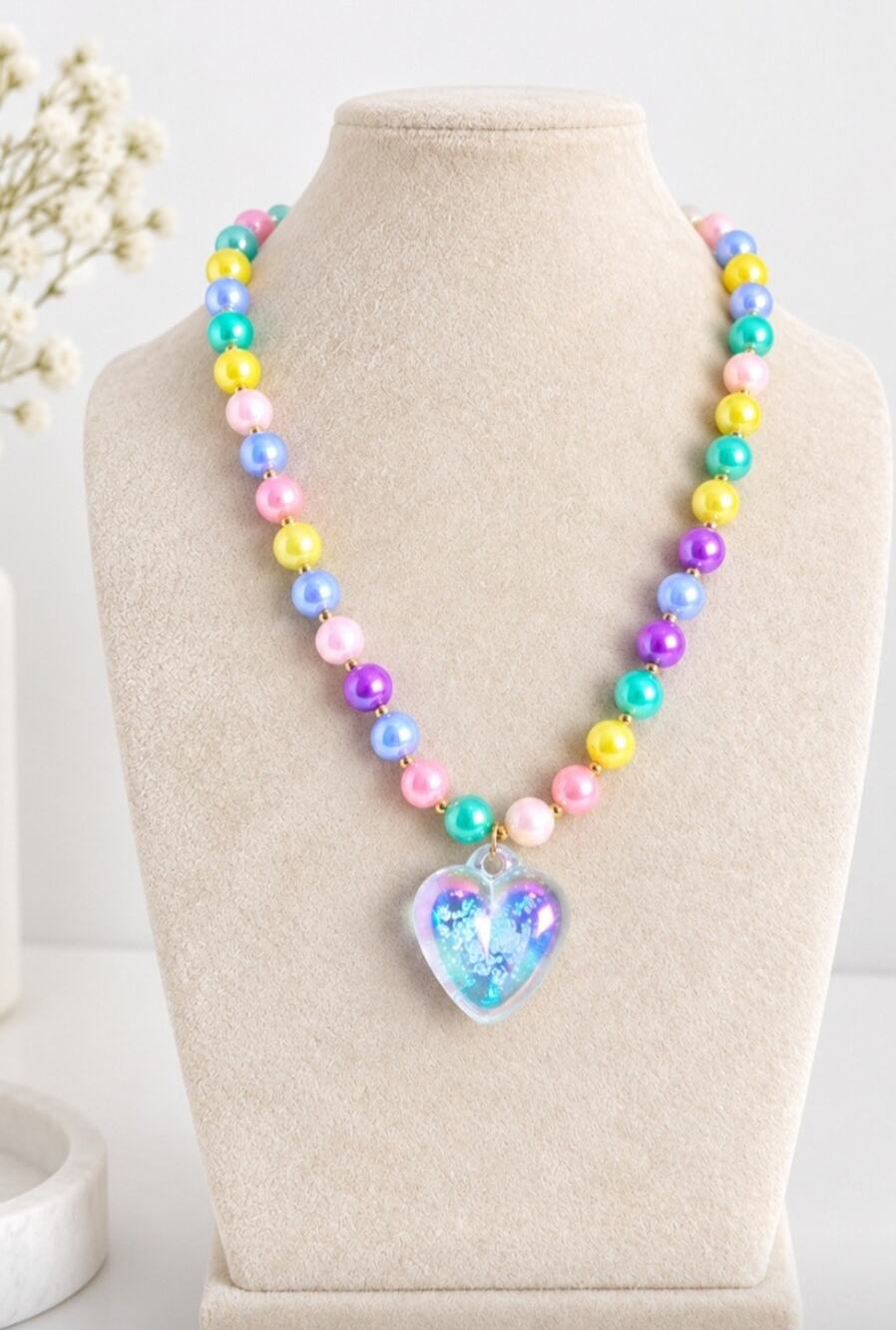 Rainbow Colorful Beaded Heart Necklace